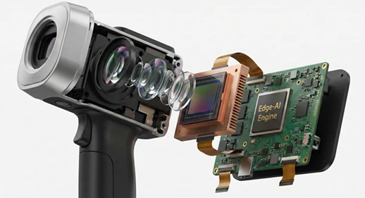 Pitch-deck cutaway concept illustrating camera optics and an Edge-AI circuit board, not a completed device